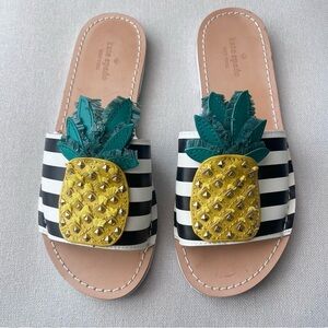 Kate Spade Icarus Studded Leather Striped Black White Pineapple Slide Sandal 7.5